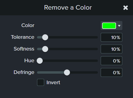 色、許容範囲、ソフトネス、色合い、フリンジ補正、反転など、[カラーを取り除く] のプロパティ
