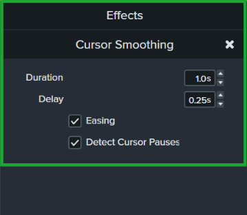 O painel de propriedades do efeito suavização do cursor, que controla a duração, atraso, atenuação e pausas do cursor