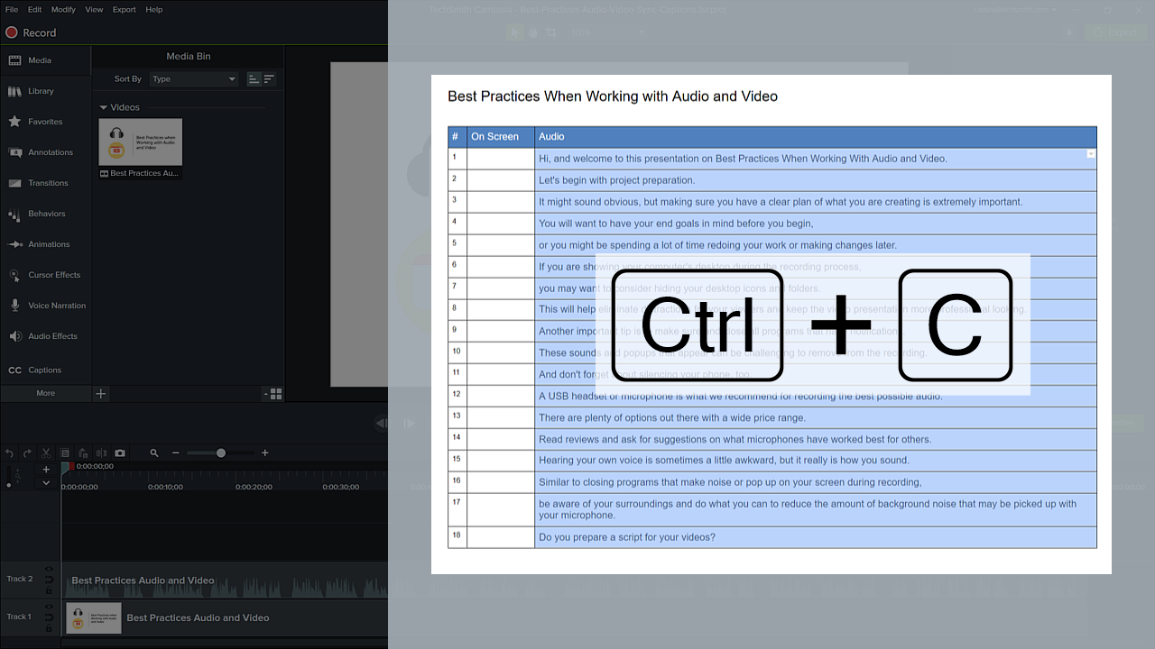 Use CTRL+C para copiar o seu roteiro para o Camtasia
