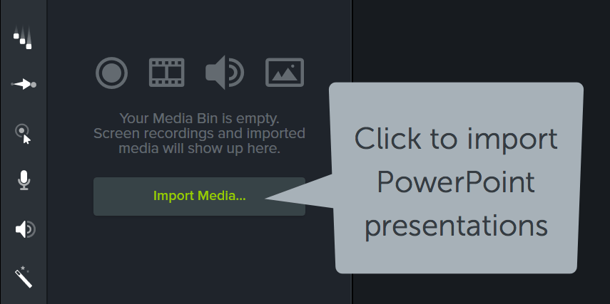 Camtasia のメディア ビンと [メディアをインポート] ボタン、「クリックして PowerPoint プレゼンテーションをインポート」と書かれた吹き出し