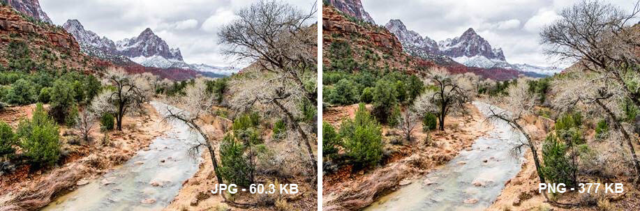 JPG vs. PNG side by side comparison picture of Zion National Park