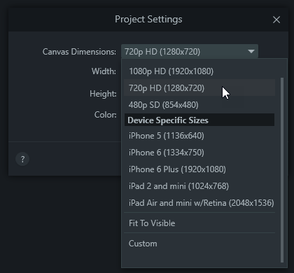 Choosing a Canvas Dimensions in the Project Settings dialog