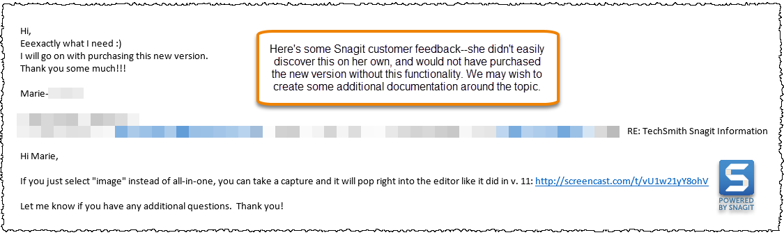 Screen capture of email showing customer feedback