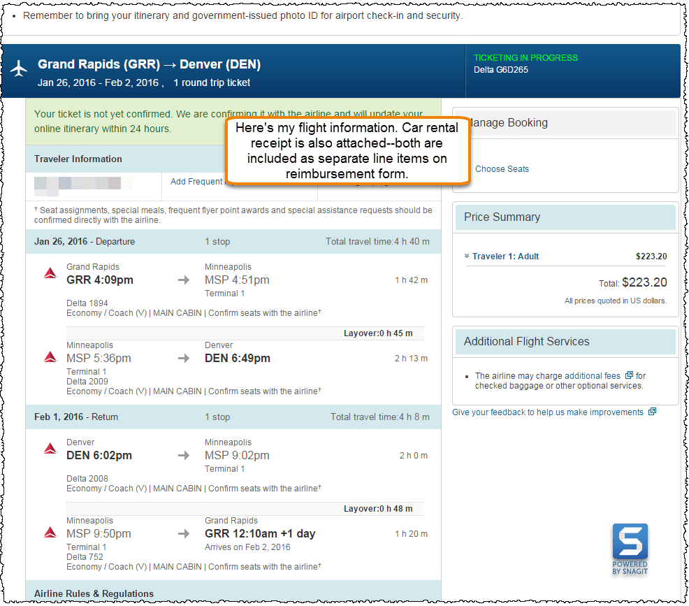 screen capture of flight information, kept to submit for reimbursement.
