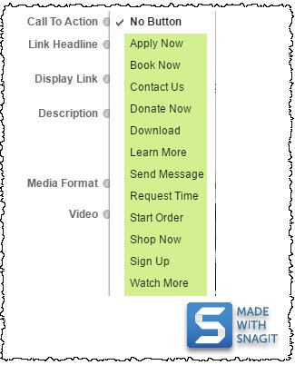 screenshot showing Facebook page post user interface and available call to action buttons