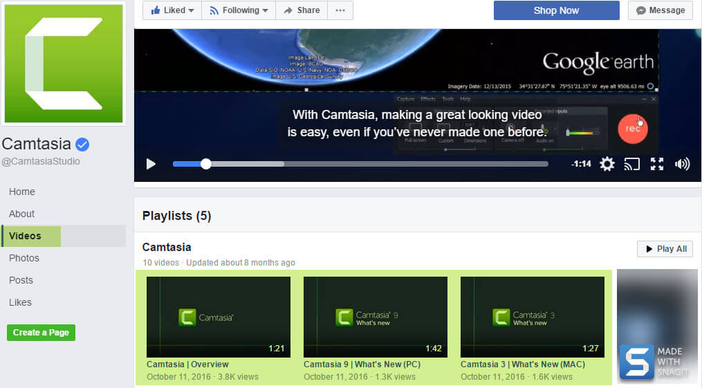 TechSmith Camtasia Facebook page showing video tab and highlighted social media video playlist