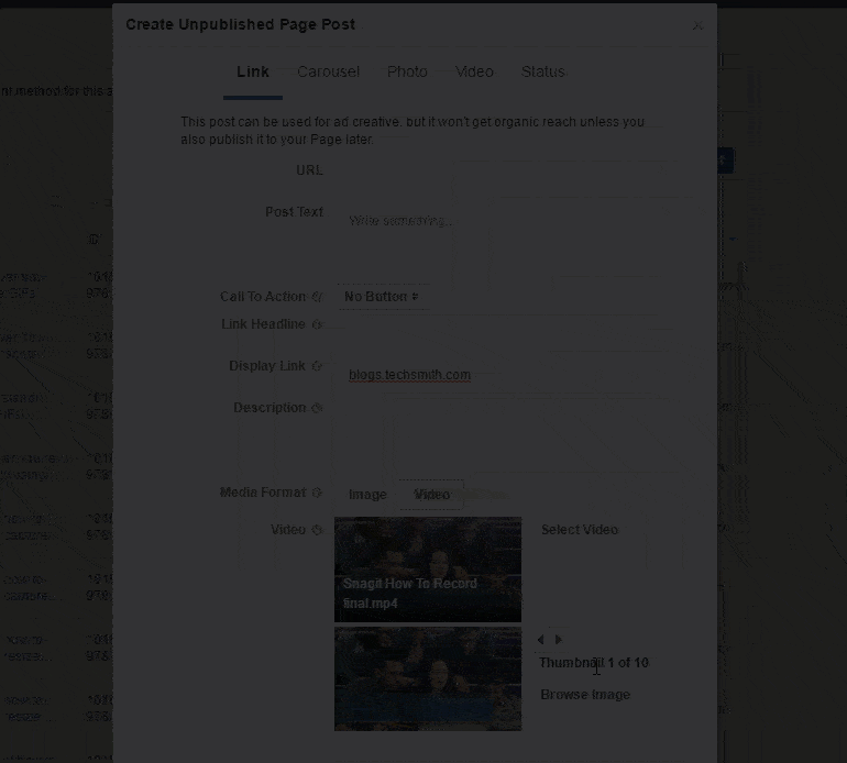 GIF showing how to click through available options or upload a thumbnail to a social media video on Facebook