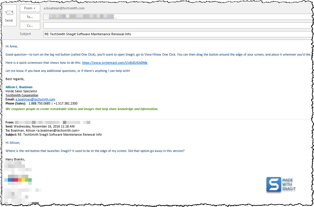 Screen shot of email showing response containing link to screen recording