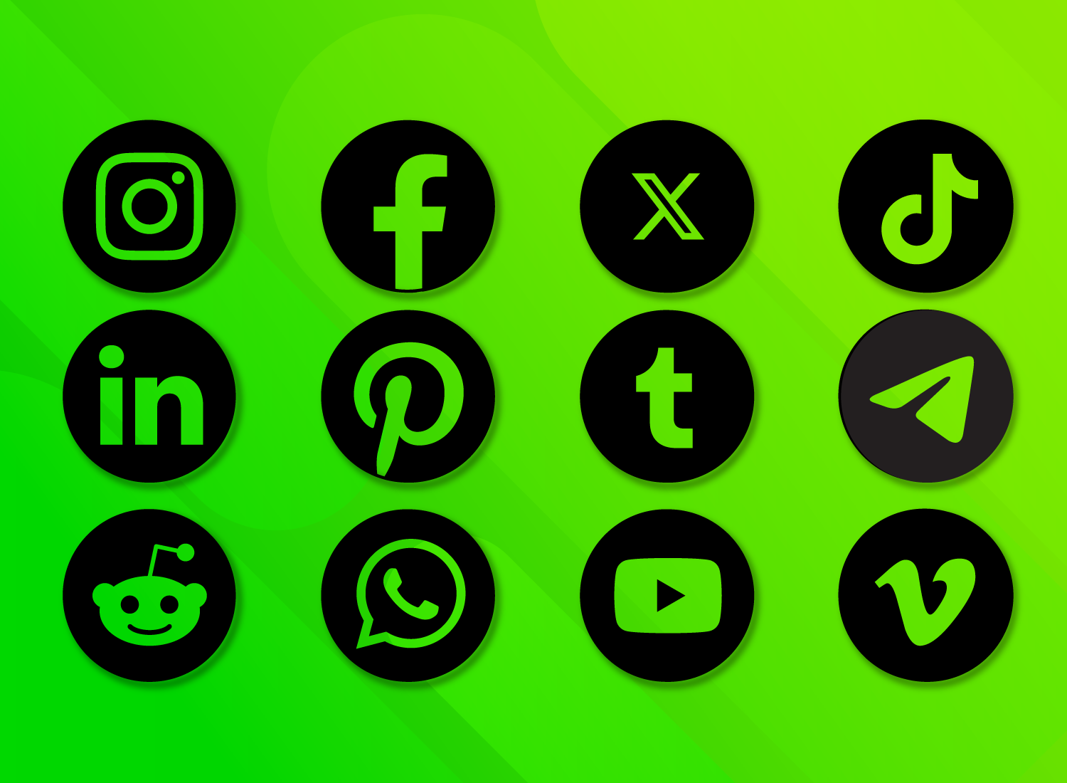 Graphic with a collection of social media platform icons on a vibrant green background. Icons include Instagram, Facebook, X, TikTok, LinkedIn, Pinterest, Tumblr, Telegram, Reddit, WhatsApp, YouTube, and Vimeo, all encircled in black.