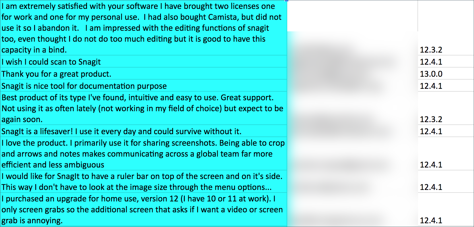 Using Snagit's screenshot blur tool to take screenshots of user feedback