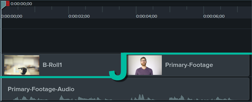 AN example of a J-cut on the Camtasia timeline.