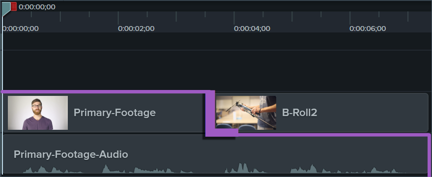 An example of an L-cut on the Camtasia timeline.