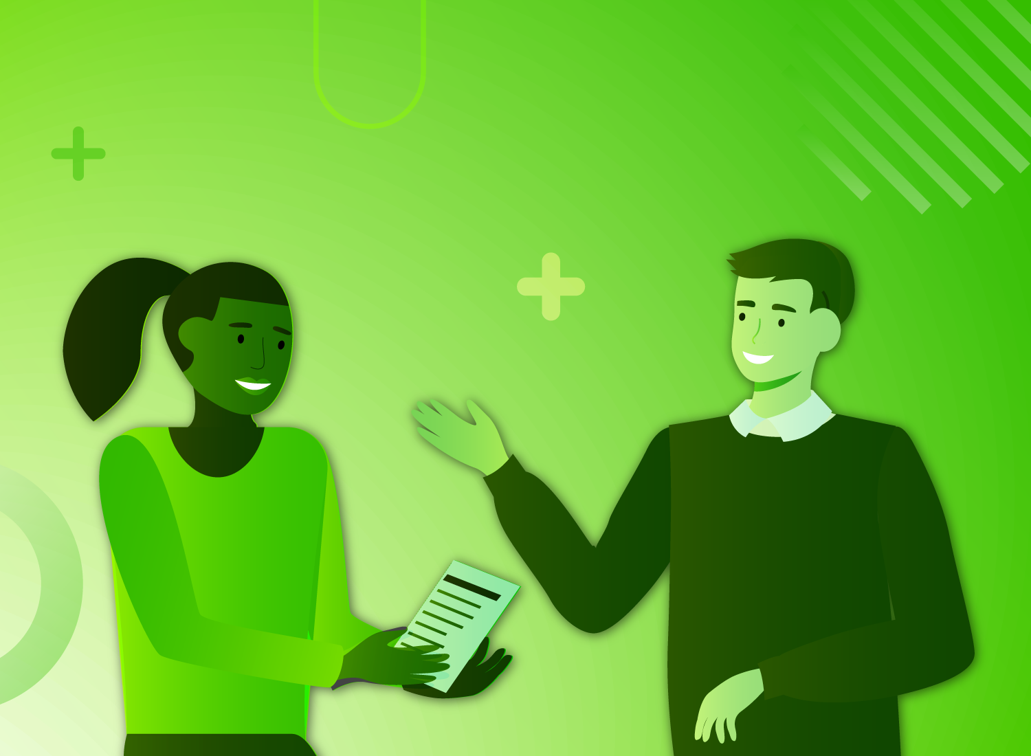 This image is a stylized illustration featuring two characters engaged in a professional interview. The background is a gradient of light to medium green, with abstract geometric shapes and plus signs, which may symbolize a positive and dynamic exchange of ideas. Both characters are smiling and appear to be communicating effectively, embodying the concept of teamwork between subject matter experts and colleagues.
