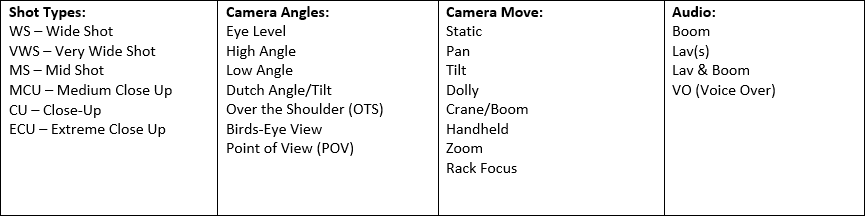 Chart of shot types, camera angles, camera moves, and audio options