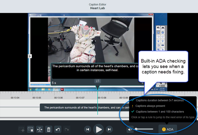 Built-in ADA-checking lets you see when a caption needs fixing.