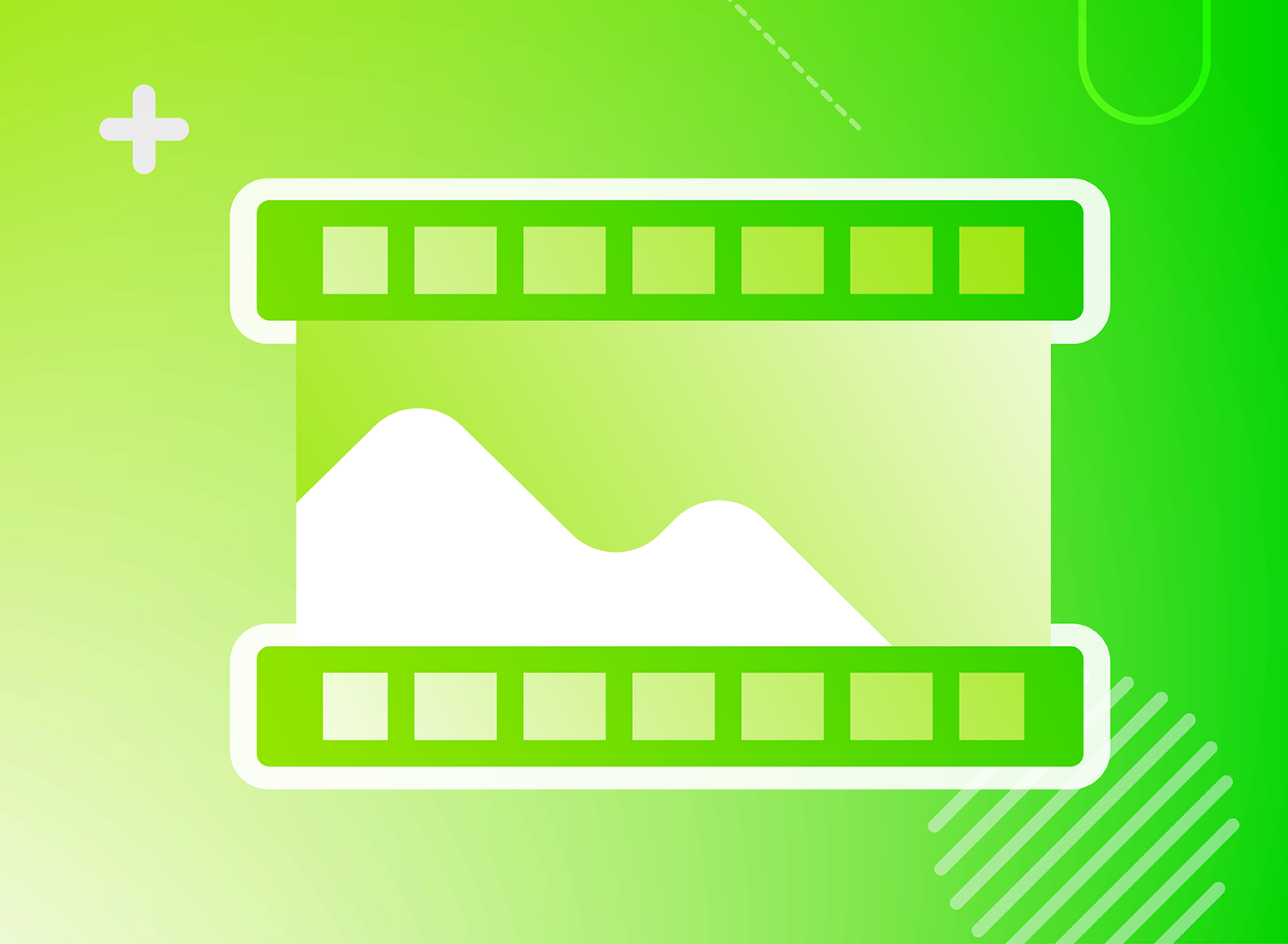 Minimalist graphic of a video editing concept showing an abstract representation of a filmstrip on a bright green background. The filmstrip frames a mountain-like image, symbolizing video content. This simple and modern design may be used for educational material related to adding bumpers or intros and outros in video production, with a focus on ease and accessibility in video editing tutorials.