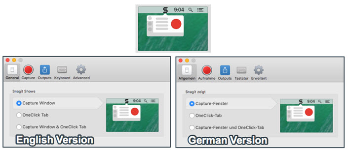 Simplified User Interface used in both German and English dialog boxes.