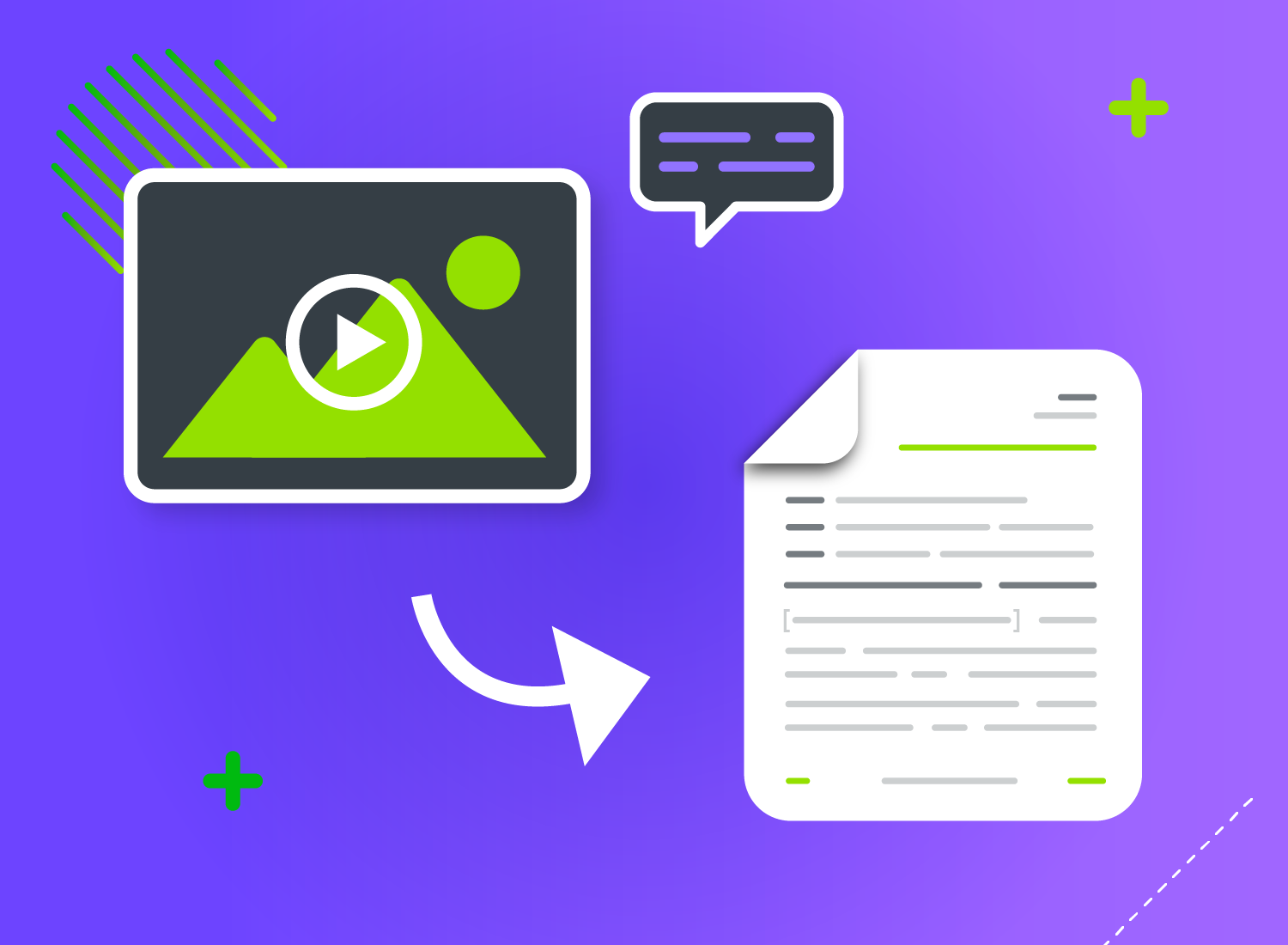 Illustration of a video to text transcription concept with a video player icon on the left, featuring a play button and an image of a mountain landscape. A curved arrow points from the video player to a stylized document on the right, representing the transcription process. The document is filled with lines of text, suggesting converted content from the video.