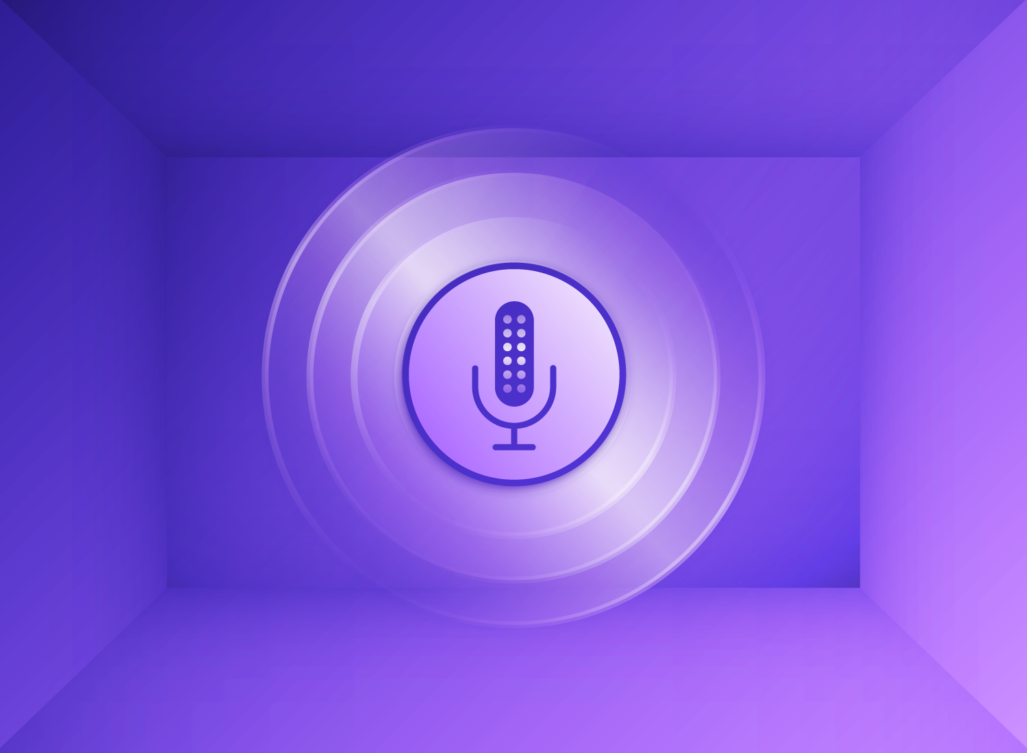 This image is a conceptual representation of soundproofing a room for voice recording. It features a gradient of purple hues creating a three-dimensional box-like room effect. In the center, a circular microphone is encased in multiple concentric circles, radiating outward, symbolizing sound waves.