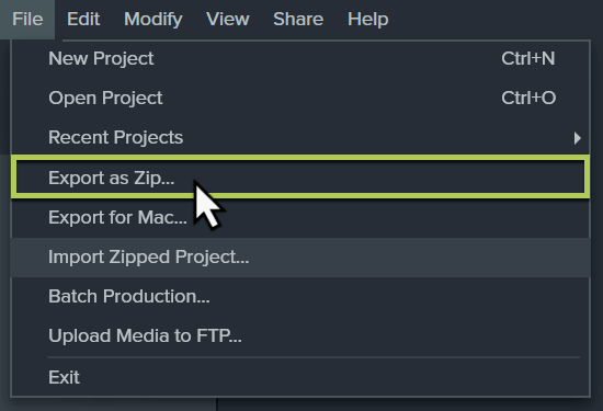 Export as Zip Dialog in Camtasia, accessed via File - Export as Zip