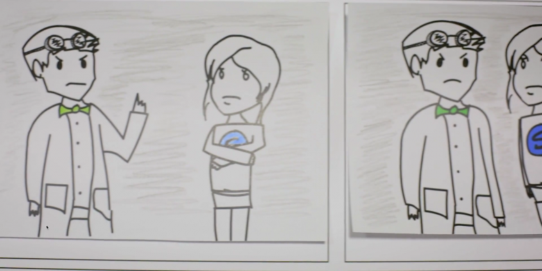 Storyboard example. Shows two people having a conversation. Both look unhappy.