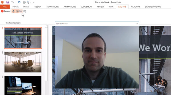 Screenshot showing the webcam while recording a presentation with the Camtasia PowerPoint Add-in Toolbar