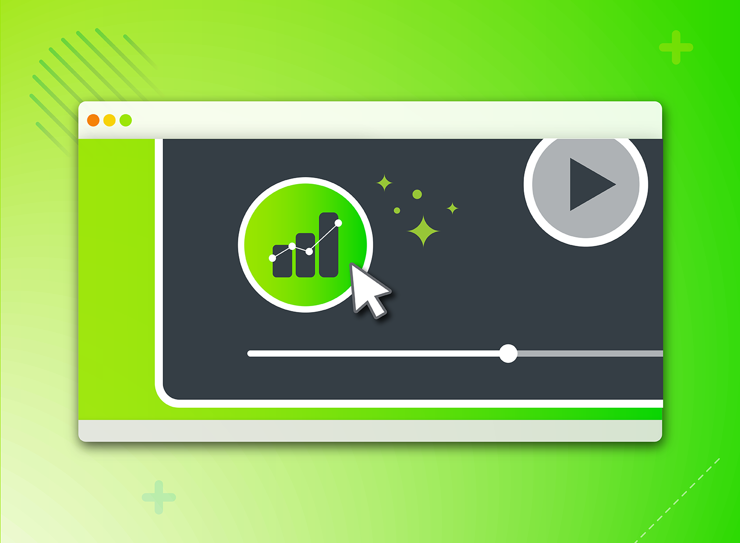 Illustration of a video player interface with a cursor pointing to an analytics icon, symbolizing the optimization of conversion rates through video content. The player features a large play button and a progress bar, set against a bright green background with subtle design elements.