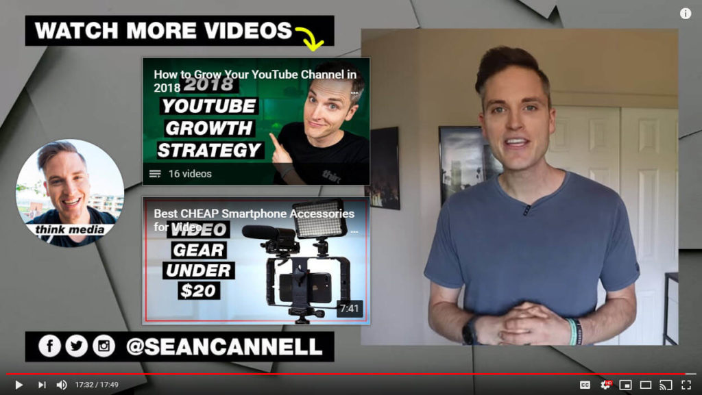Screenshot of YouTube outro from Sean Cannell's channel.