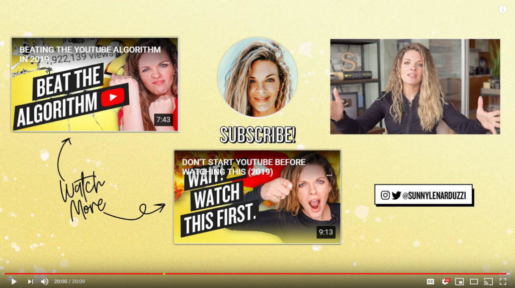 Screenshot of YouTube outro from Sunny Lenarduzzi's channel
