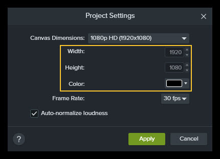 Screenshot showing width, height, and color options in project settings in Camtasia.