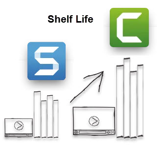 Illustration showing the Snagit logo with shorter shelf-life videos vs the Camtasia logo with longer shelf-life videos
