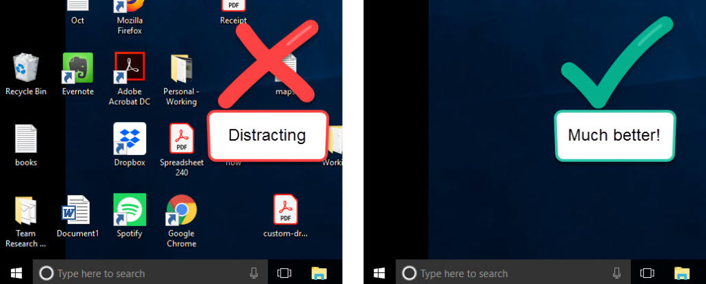 Example of a messy desktop with cluttered icons, next to a clean desktop with no icons