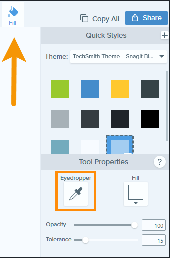 Screenshot showing the Fill tool and Eyedropper in Snagit.