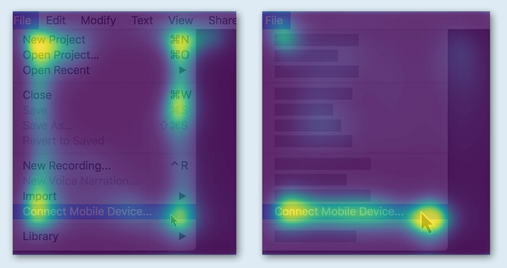 eye tracking heatmaps of a standard screenshot and a simplified version