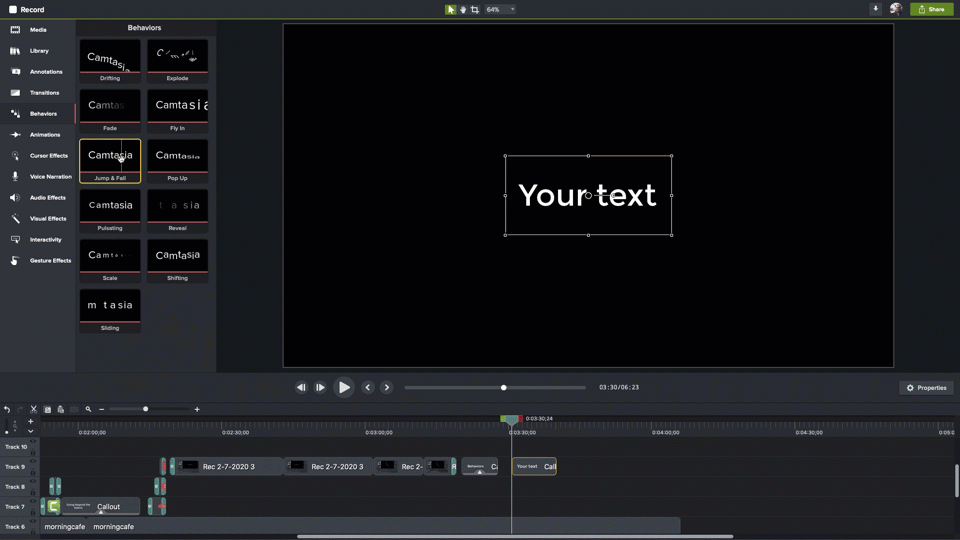To add text to a video you can add a Behavior to the timeline to make the text move