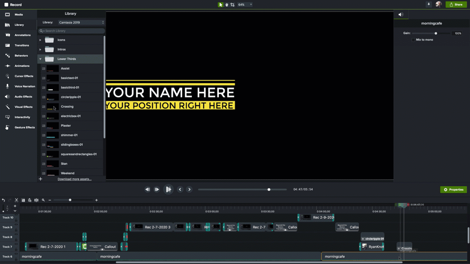 To add text to a video select the Lower Third you want from the Assets Library and drag it to the timeline.