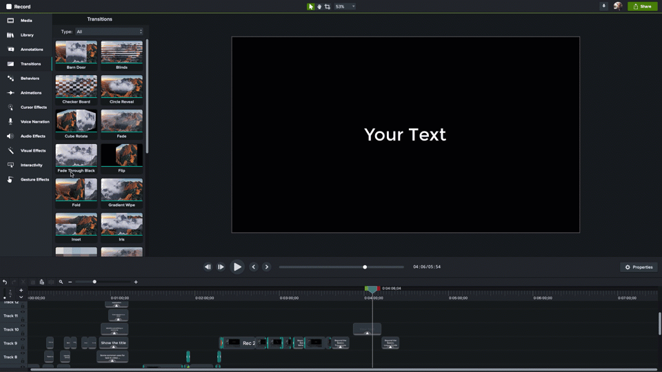 To add text to a video you can add a transition to make it appear and disappear 
