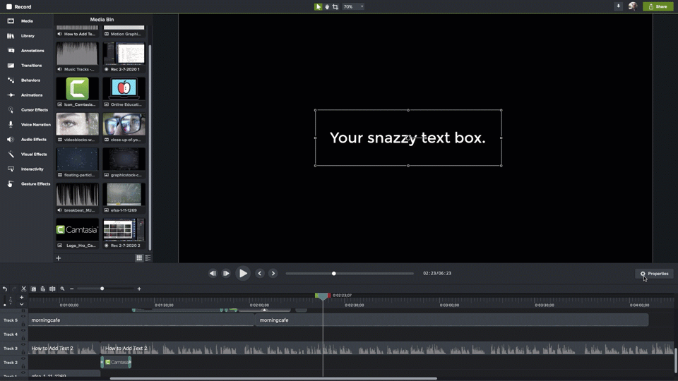 To add text to a video open the Properties pane to make basic changes to the text's appearance.