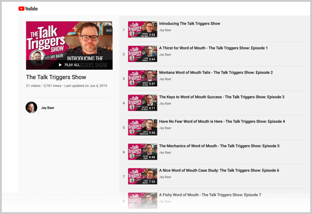 screenshot of talk triggers YouTube playlist