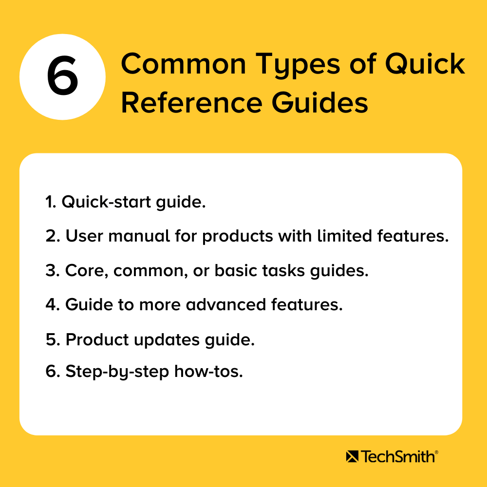 Six common types of quick-reference guides. Content is repeated in the text below.