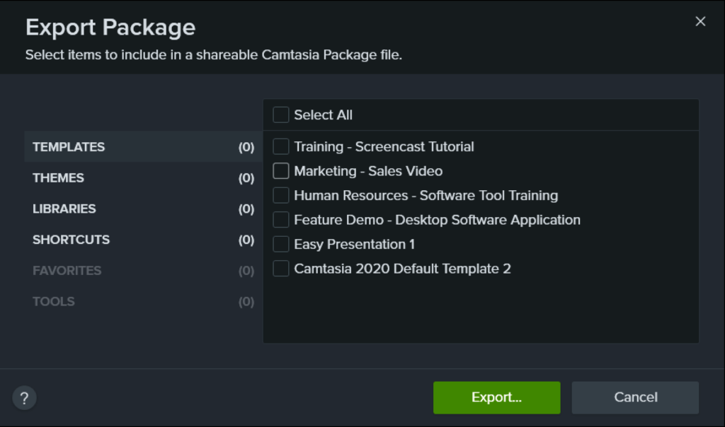 Camtasia Packages creation menu.
