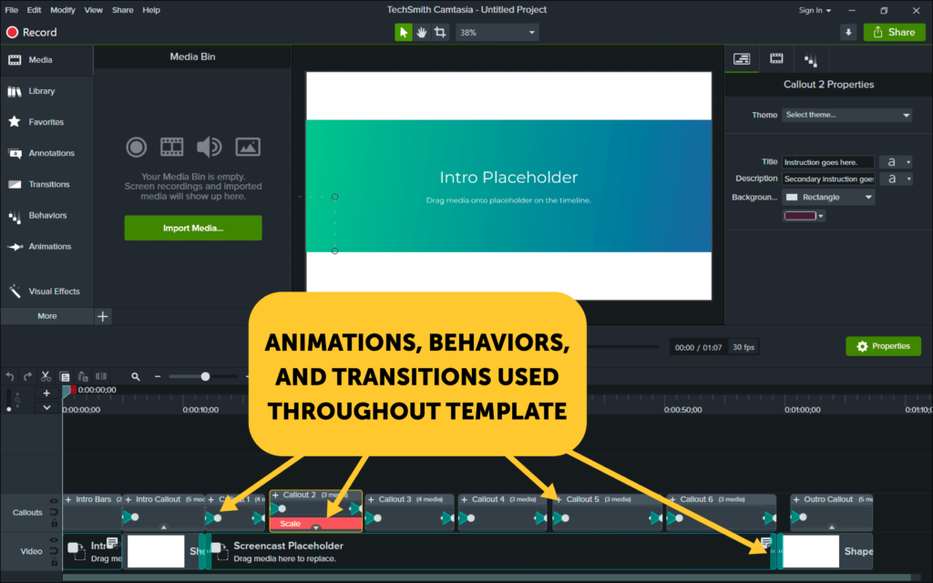 Camtasia features used throughout a template.