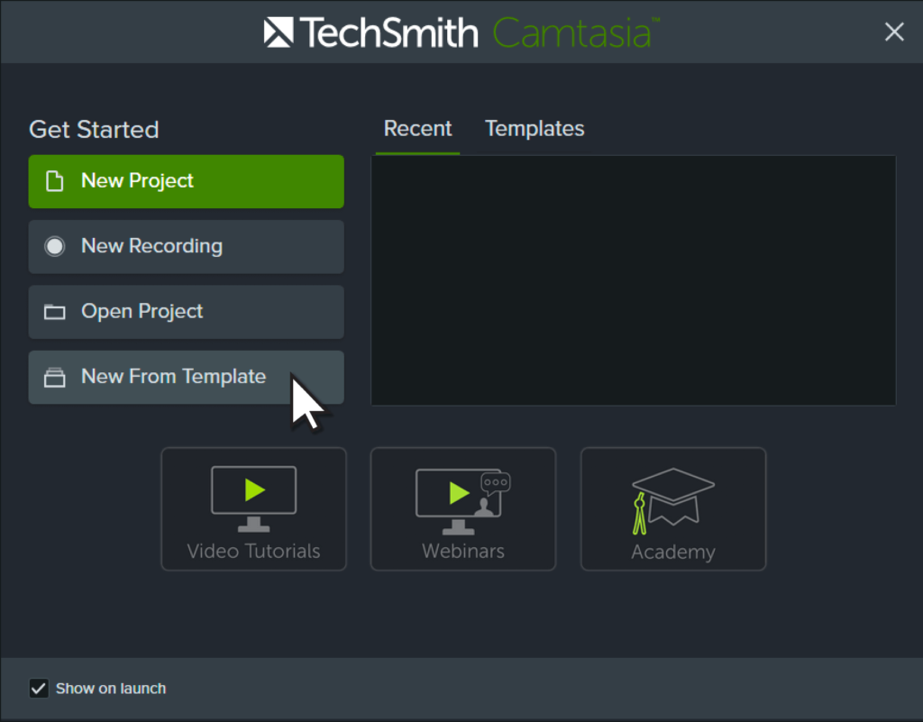 Camtasia welcome window with cursor on New From Template option