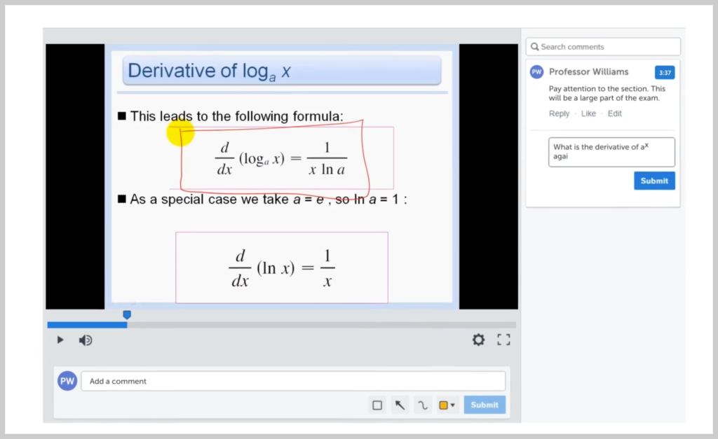 Online course video example showing class discussion in real-time as the video plays.