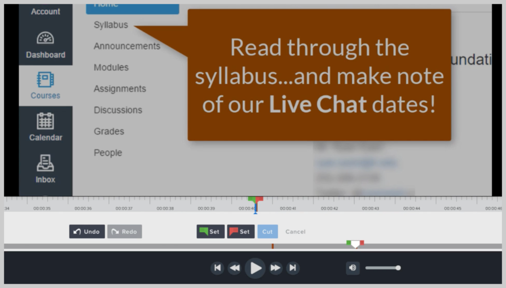 Example of a course navigation video with a callout reminding students to read through the syllabus and make note of live chat dates.
