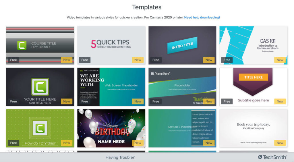 Screenshot of a few available Camtasia video templates.