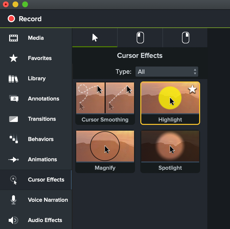 Camtasia Cursor Effects main tab.