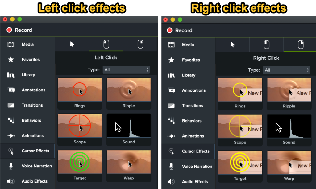 Camtasia's right and left click effects.