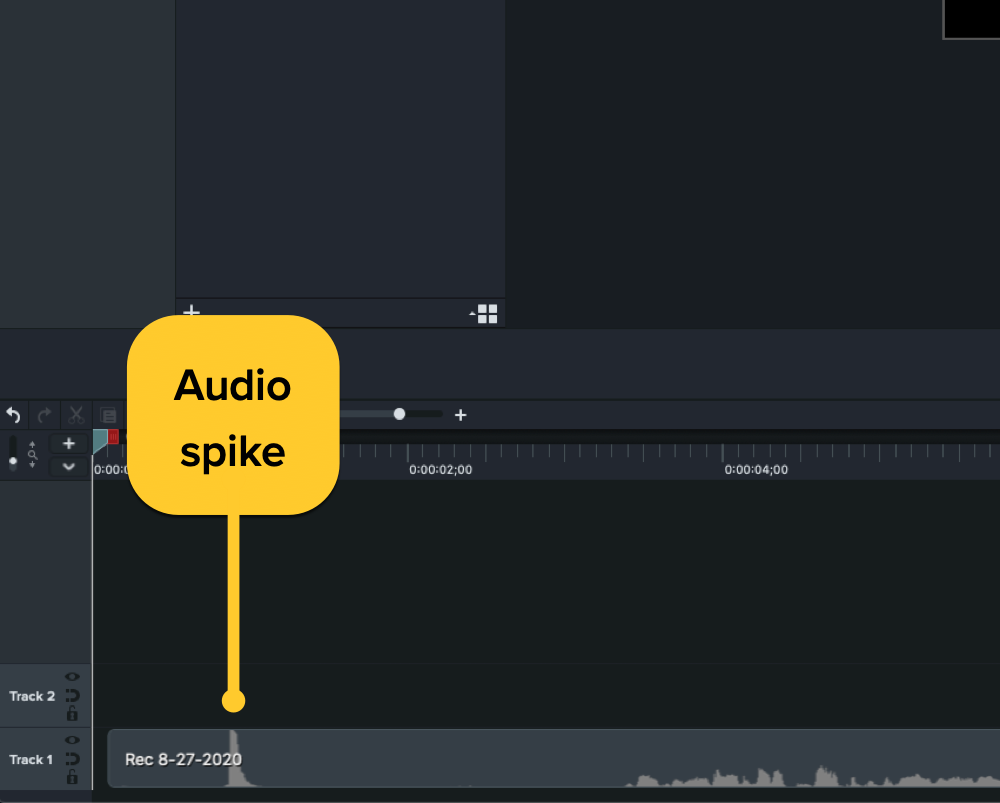 Showing what an audio spike looks like in the audio file on the Camtasia timeline.