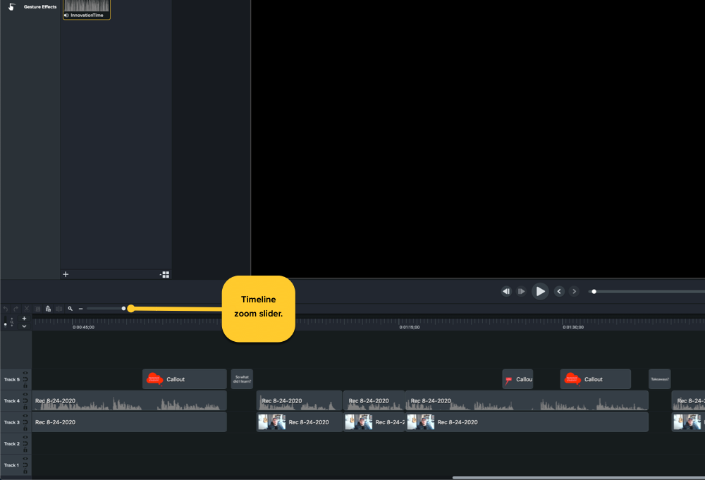 Showing the location of the Camtasia timeline zoom slider in the lower left corner of the Camtasia window, just above the timeline.